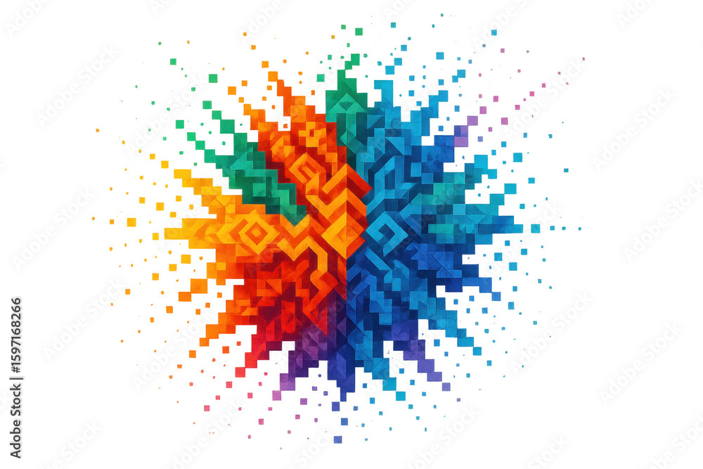 Poster geometric pixels bursting, vibrant colors fragmenting across transparent backdrop, generating dynami