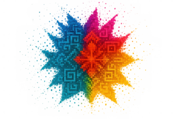 Rainbow colored qr code exploding into pixels on a transparent background, ideal for technology and innovation concepts