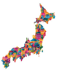 Obraz premium Vibrant Vector Map of Japan Filled with Colorful Abstract Buildings on Transparent Background, PNG
