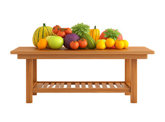A colorful and abundant spread of wooden table with various fruits and vegetables isolated on a transparent background