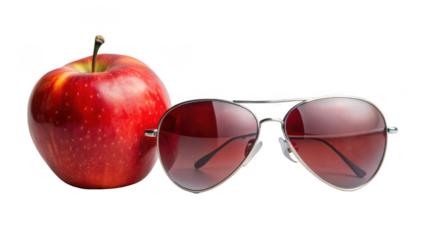 red apple and aviator sunglass isolated on transparent