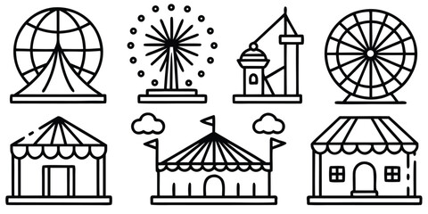 Naklejka premium Collection of amusement park attractions and tents in a simple line art silhouette