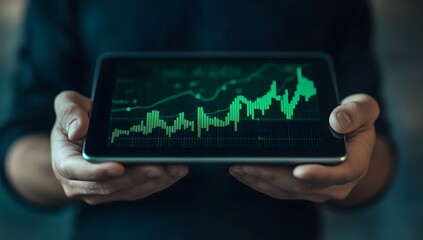 "A businessman in black shirt interacts with glowing green stock chart hologram on iPad against dark blue background, representing modern financial analysis."

