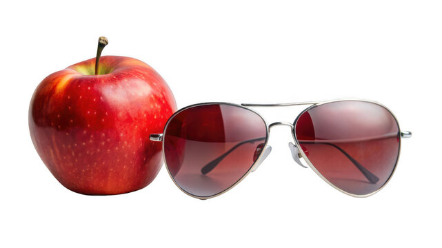 red apple and aviator sunglass isolated on transparent