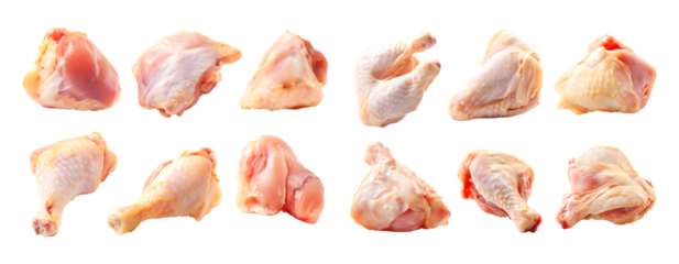 12 several types of chicken pieces, Fresh chicken meat isolated on a transparent background