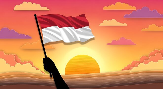 Sunrise Celebration: Hand Holding Indonesian Flag in Paper Cut Style.