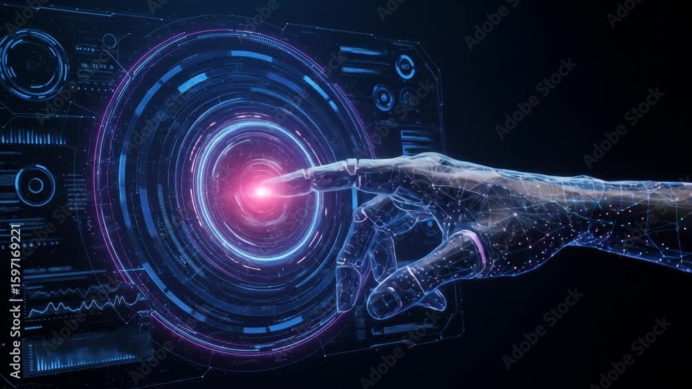 Aufkleber ai hand interacting with futuristic interface - a digital video of a robotic hand interacting with a