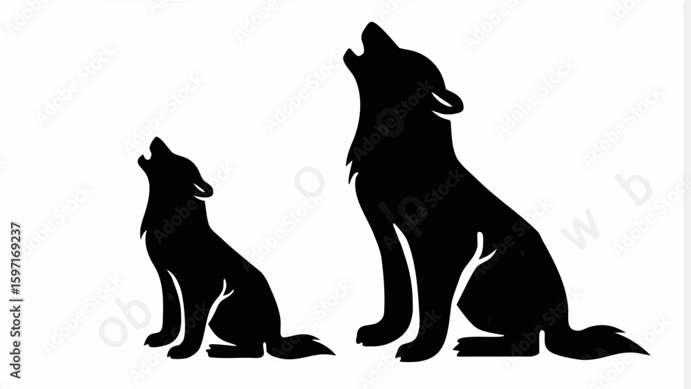 Poster two wolves in silhouette howling at the sky in a side by side view on a white background design
