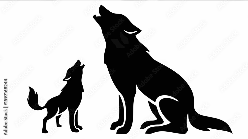 Poster silhouette of a large wolf sitting and howling next to a smaller wolf also howling on a white backgr