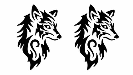Obraz premium Two stylized black wolf heads with intricate tribal designs facing right on a white background design art silhouette