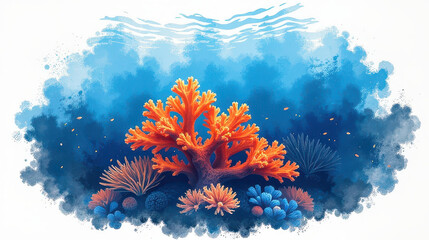 Vibrant coral reef underwater scene ocean digital art marine environment wide angle conservation awareness