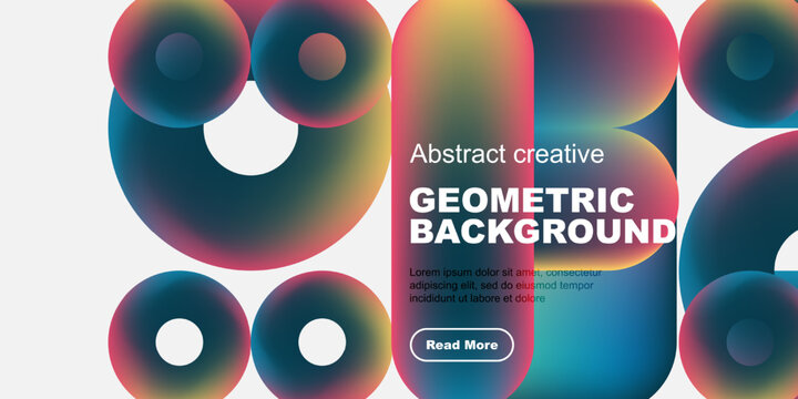 Vibrant geometric shapes overlap, creating colorful background. Text promotes creative design, includes call to action.