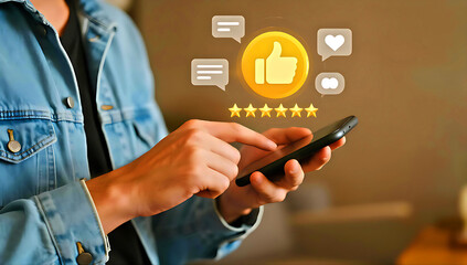 Customer rates service on smartphone with five star rating and positive feedback icons