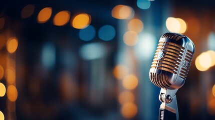 Vintage Chrome Microphone Shines Against a Bokeh Lights Background, Nostalgic Musical Vibe