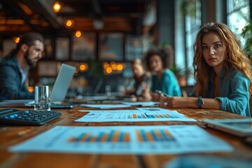 Focused team meeting in a modern office.  Group of diverse colleagues gathered around a wooden table, reviewing documents, and possibly discussing financial or business data