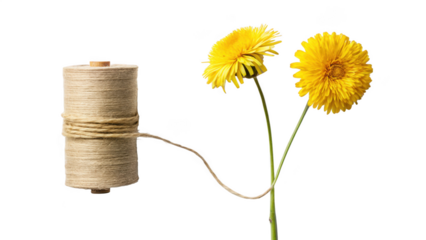 spool of thread and yellow dandelion flower isolated on transparent