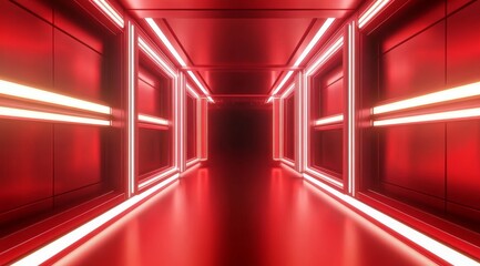 Fototapeta premium Red Neon-Lit Corridor with Reflective Floor and Symmetrical Design