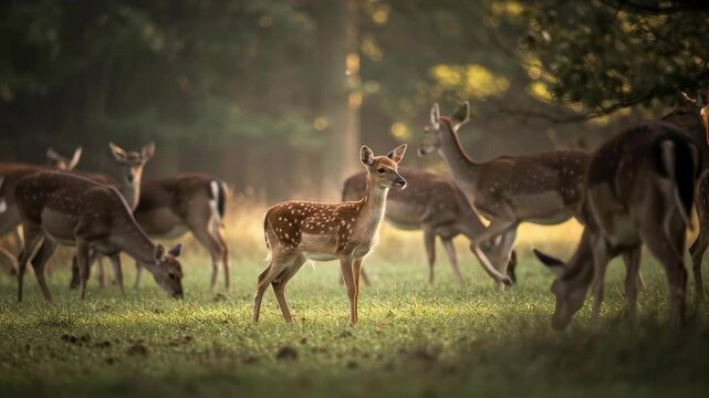 Young Fawn in a Herd of Deer at Dawn - A young Axis deer stands in a lush green field at sunrise, surrounded by a herd of other deer grazing peacefully in the soft morning light.