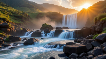 Majestic waterfall cascade at sunrise scenic nature landscape tranquil river environment serene viewpoint natural beauty