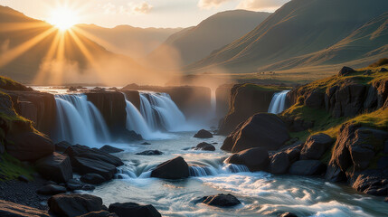 Sunrise over majestic waterfalls iceland nature photography serene landscape wide angle natural beauty