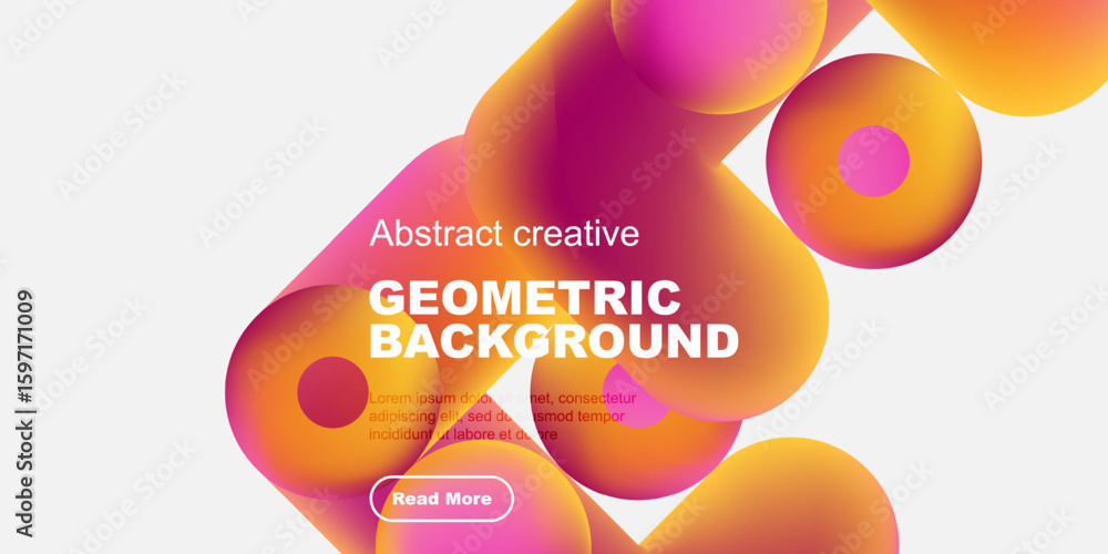 Poster vibrant abstract shapes overlap black backdrop. text promotes geometric background design, includes 