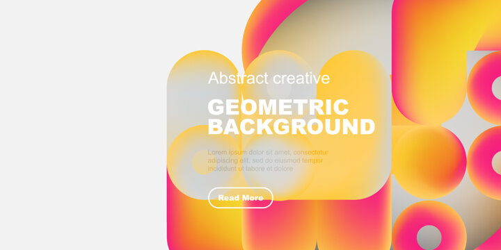 Vibrant abstract shapes, pinks, yellows dominate design. Text promotes geometric background, includes call to action button.