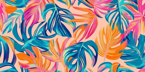 Vibrant Tropical Leaf Pattern with Multicolored Monstera and Palm Leaves