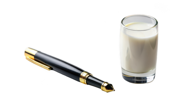  fountain pen and Glass of milk isolated on transparen