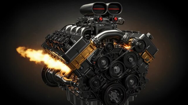 Roaring power: A high performance engine demonstration with flames, showcasing automotive