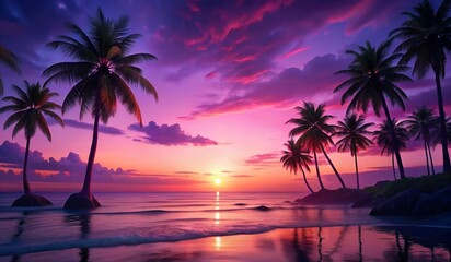 A serene beach scene at sunset, with vibrant purple, pink, and orange hues in the sky. Silhouettes of palm trees frame the image, and gentle waves lap at the shore, reflecting the warm colors of the s