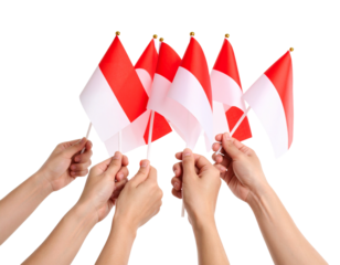 hands together holding the red and white Indonesian flag isolated on transparent png