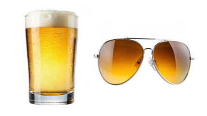 Glass of beer and aviator sunglass isolated on transparent