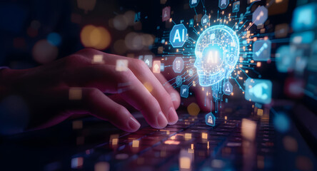 Hands typing on laptop with ai hologram