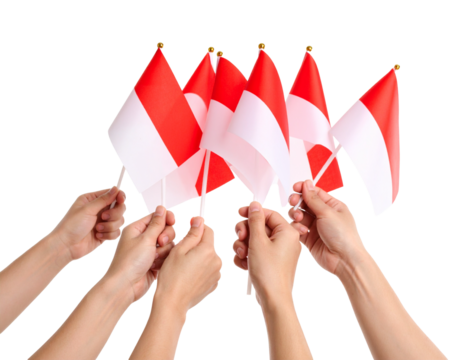 hands together holding the red and white Indonesian flag isolated on transparent png