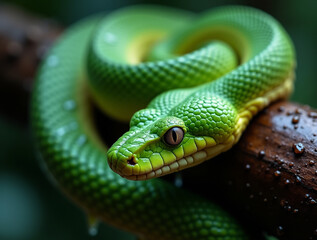 Obraz premium Macro Shot of Coiled Pit Viper with Iridescent Scales and Partially Open Mouth on Wet Jungle Branch