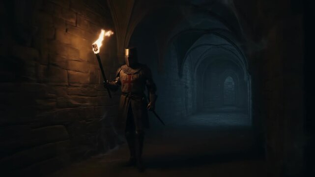 Templar Knight in Dark Medieval Corridor - A knight templar, clad in full armor and holding a burning torch, walks down a dimly lit, stone corridor.