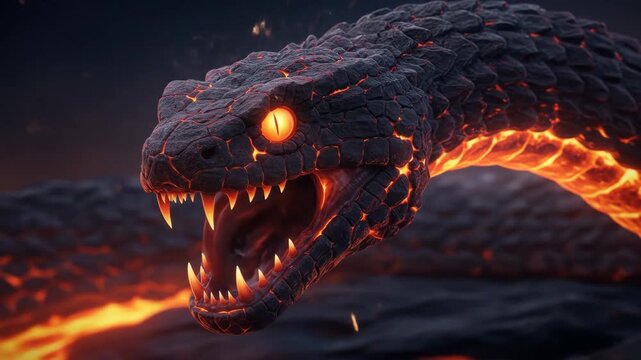 Lava Serpent - Mythical Creature - Close-up of a digitally video lava snake with glowing orange eyes and mouth, its body textured like dark volcanic rock.