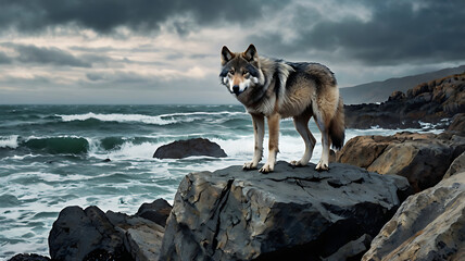 Wild gray wolf in its natural habitat, from snowy mountains to sunny beaches and rocky outcrops