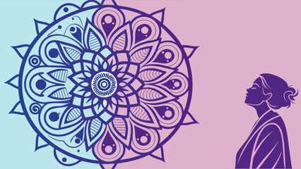 Illustration of a woman looking up towards a large mandala on a gradient background design art