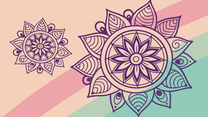 Two purple floral mandala designs on a pastel striped background creating a simple and elegant pattern