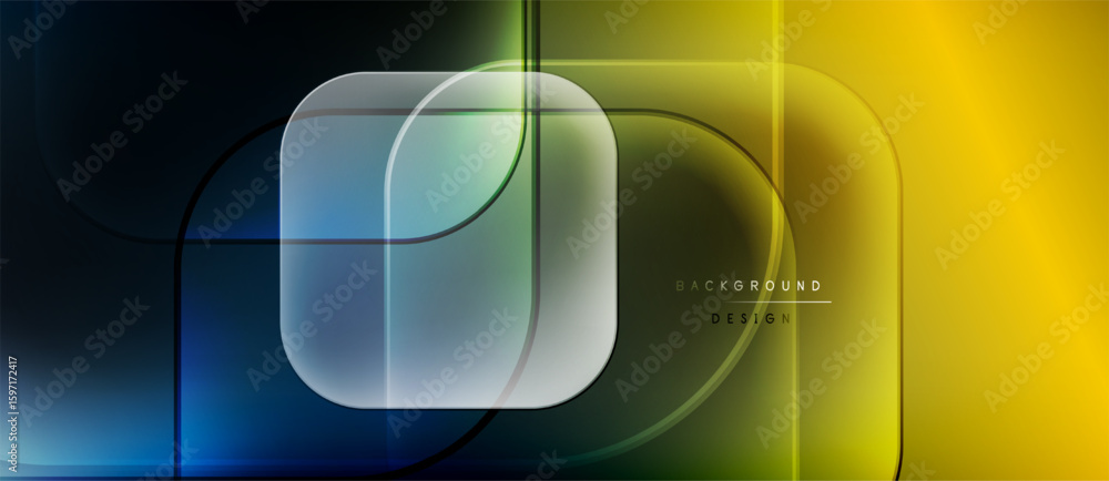 Poster abstract design features vibrant blue, yellow gradients. rounded squares overlap creating dynamic vi