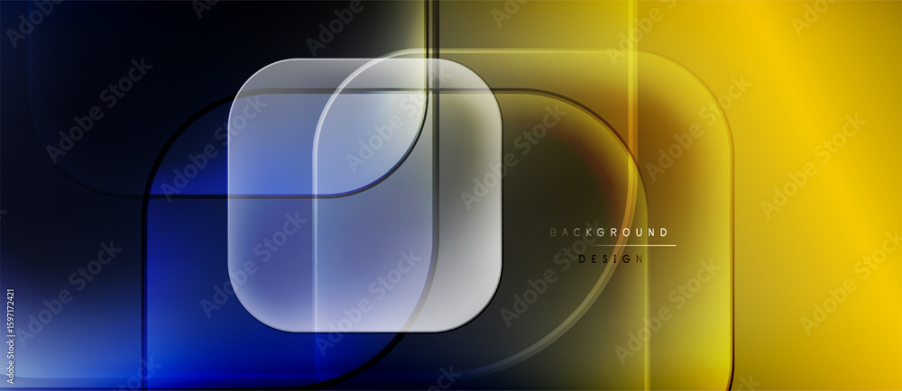 Poster abstract geometric design. blue, yellow gradients blend with dark background. overlapping rectangles