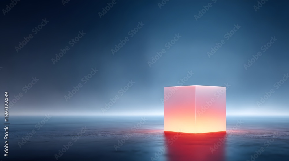 Poster illuminated cube on reflective surface against gradient background