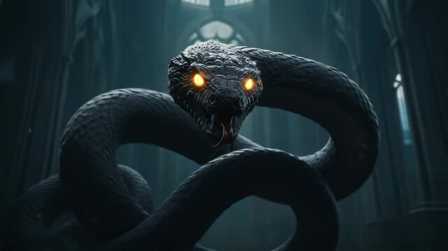 Majestic Dark Serpent in Gothic Cathedral - A large, black serpent with glowing yellow eyes coils within a dimly lit gothic cathedral.