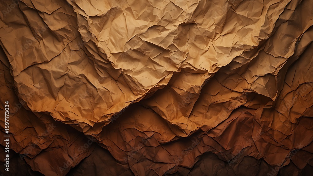 Poster abstract brown texture of crumpled paper with an uneven surface, an artistic close-up shot of crumpl