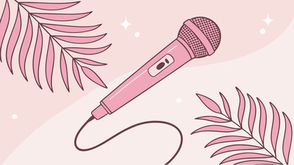 Illustration of a pink microphone with a cord surrounded by stylized pink leaves and sparkles