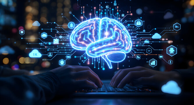 Holographic brain overlaying laptop