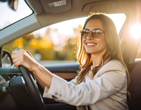 Woman driving a car, happy and smiling