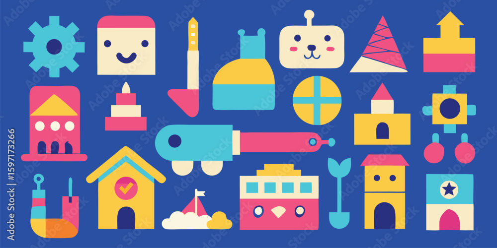 Poster vector art of a colorful collection of playful building blocks and toy icons for childrens games and