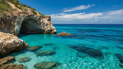 Fototapeta premium Mediterranean blue waters lap against the sun-drenched rocky coast of Crete, a picturesque island landscape perfect for a summer vacation